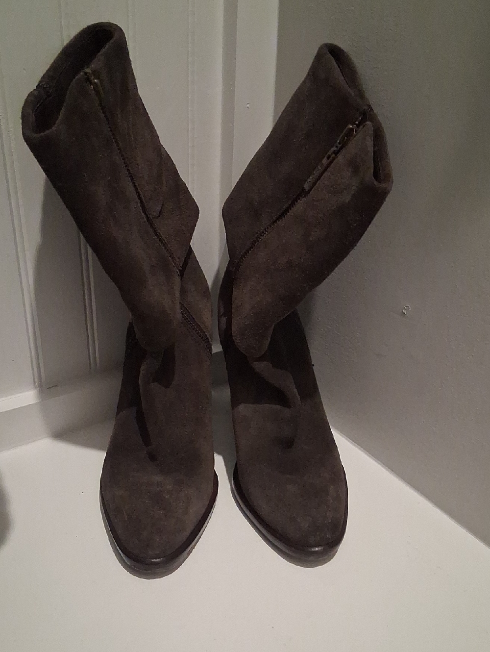 Suede Fold-Over Mid-Calf Heeled Boots - Gray